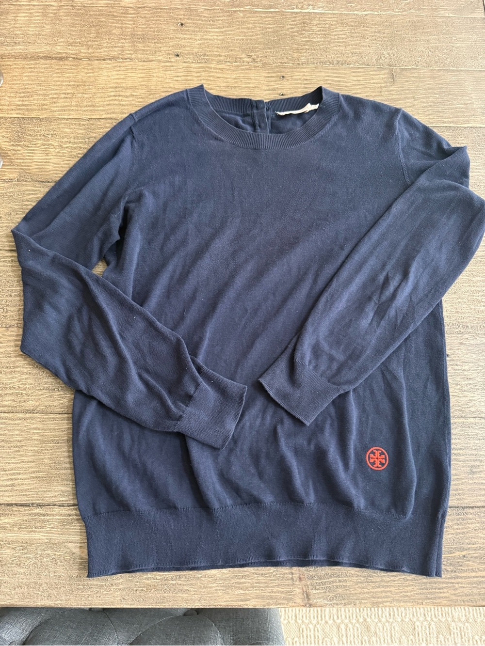 Tory Burch Navy Crewneck Sweater with Red Logo Accent